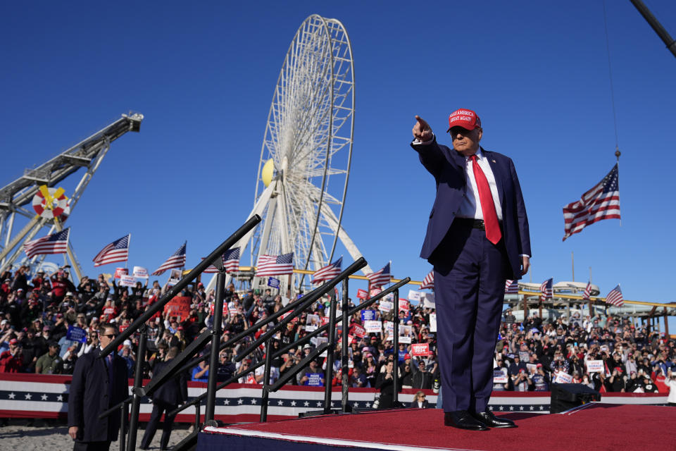 Republican presidential candidate former President Donald Trump gestures to the crowd during a campaign rally in Wildwood, N.J., Saturday, May 11, 2024. (AP Photo/Matt Rourke)