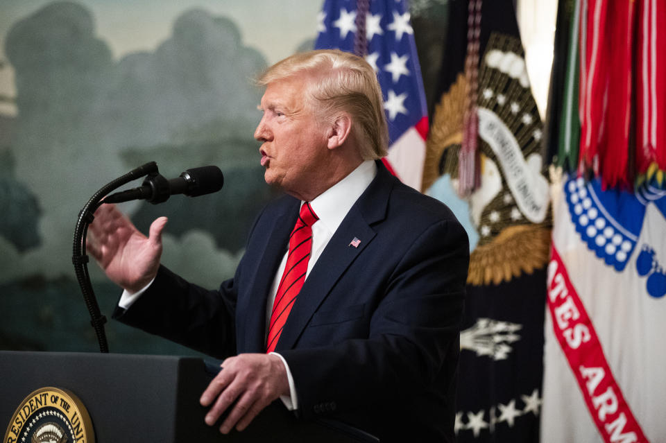 President Donald Trump speaks Sunday, Oct. 27, 2019 in the Diplomatic Room of the White House in Washington, announcing that Abu Bakr al-Baghdadi, the shadowy leader of the Islamic State group who presided over its global jihad and became arguably the world's most wanted man, is dead after being targeted by a U.S. military raid in Syria. (AP Photo/Manuel Balce Ceneta)