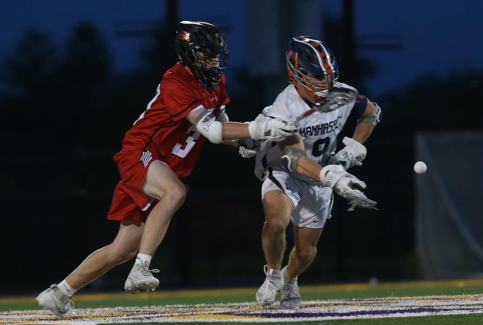 Rye's Chris Iuliano (33) and Manhasset's Cal Girard (9) battle for a face off during the boys lacrosse state Class C semifinal at Fallon Field on the campus of the University at Albany June 9, 2023. 