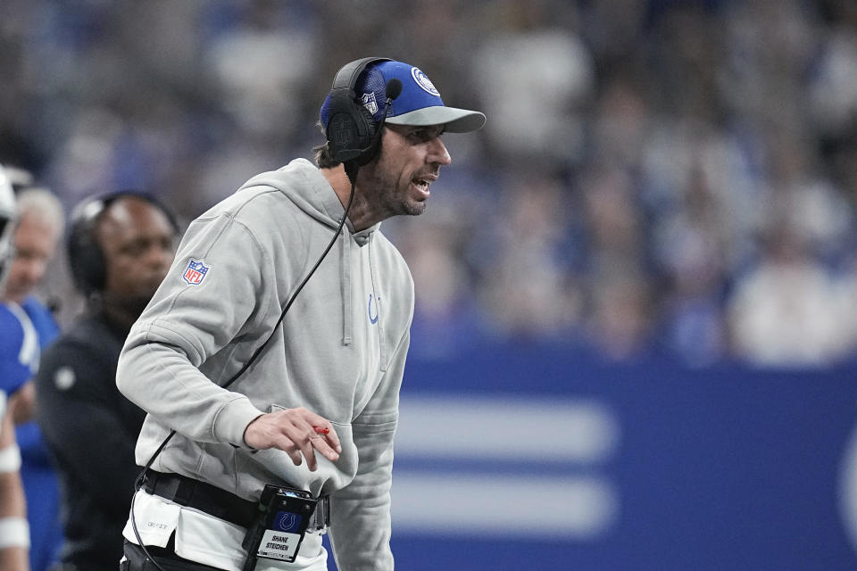 Indianapolis Colts head coach Shane Steichen watches against the New Orleans Saints during the second half of an NFL football game Sunday, Oct. 29, 2023 in Indianapolis. (AP Photo/Darron Cummings)