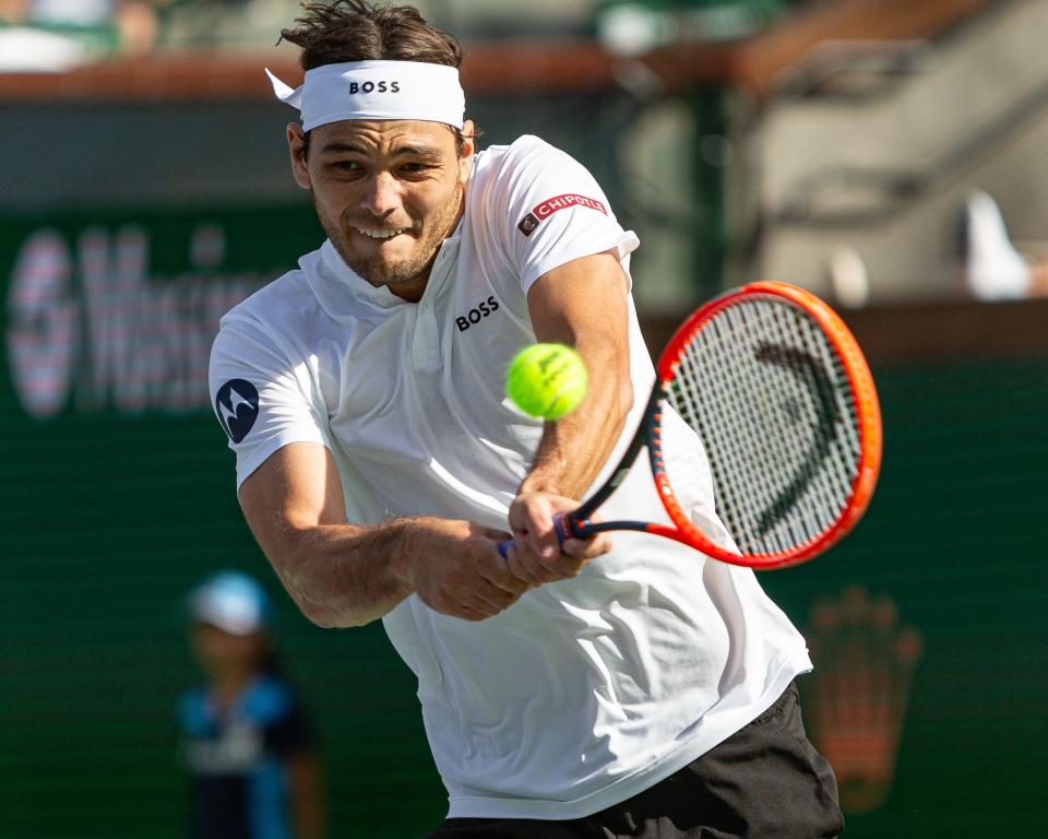 Taylor Fritz (USA) hits a backhand during his match against Alejandro Tabilo (CHI) at the BNP Paribas Open in Indian Wells Tennis Garden, California, on March 9, 2024.