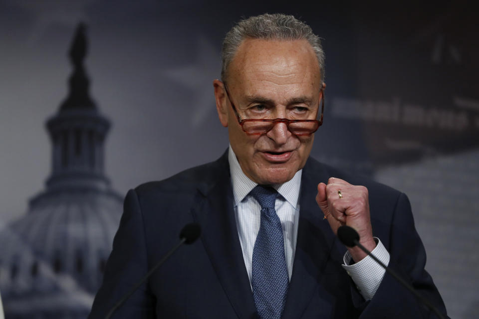 Senate Minority Leader Chuck Schumer, D-N.Y., talks to reporters about the impeachment trial of President Donald Trump on charges of abuse of power and obstruction of Congress, at the Capitol in Washington, Thursday, Jan. 16, 2020. (AP Photo/Julio Cortez)