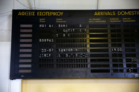 An old announcement board is pictured at the premises of the disused Hellenikon airport, where refugees and migrants are temporarily housed, in Athens, Greece, July 13, 2016. Picture taken July 13, 2016. REUTERS/Alkis Konstantinidis