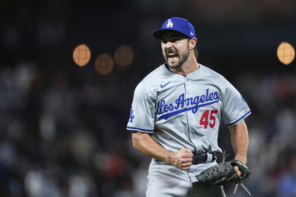 Los Angeles Dodgers pitcher J.P. Feyereisen reacts after getting San Francisco Giants' Thairo Estrada to ground into a double play to end a baseball game Monday, May 13, 2024, in San Francisco. The Dodgers won 6-4. (AP Photo/Godofredo A. Vásquez)