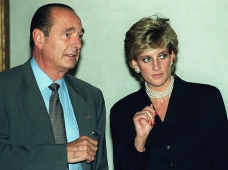 FILE PHOTO: French President Jacques Chirac and Diana, Princess of Wales chat while they inaugurate the Cezanne ..