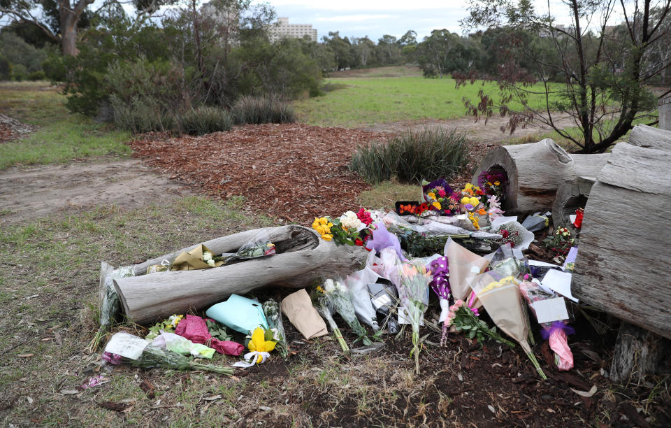 A makeshift memorial for Courtney Herron whose body was found in Royal Park, Melbourne, Tuesday, May 28, 2019. Source: AAP