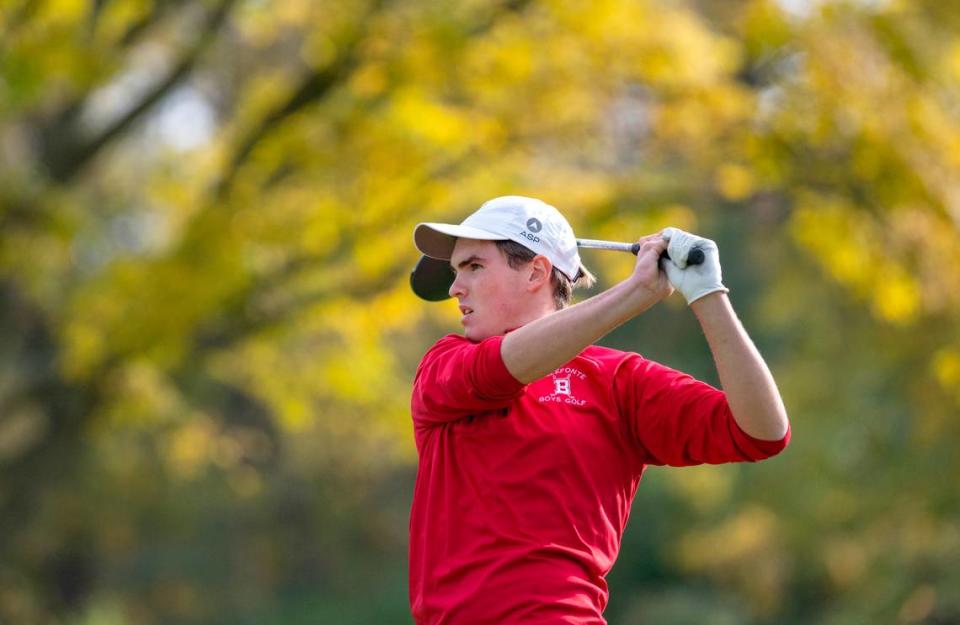 Bellefonte’s Davis Corman watches his tee shot during the PIAA golf championships on Monday, Oct. 17, 2022 at the Penn State Golf Courses.