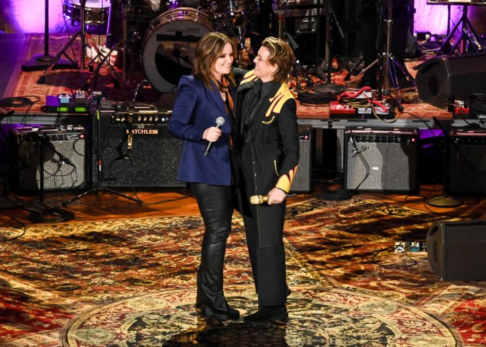 Brandy Clark and Brandi Carlile perform onstage at The Americana Music Association 22nd Annual Honors & Awards Show on September 20, 2023 at the Ryman Auditorium in Nashville, Tennessee.