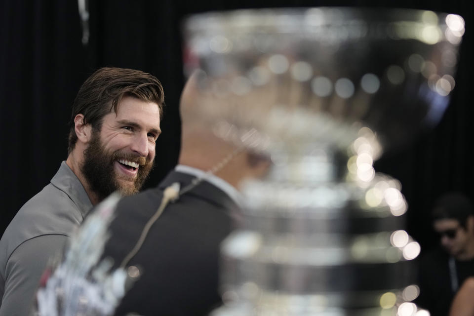 Vegas Golden Knights defenseman Alex Pietrangelo (7) speaks with the media ahead of the NHL Stanley Cup hockey final Friday, June 2, 2023, in Las Vegas. (AP Photo/John Locher)