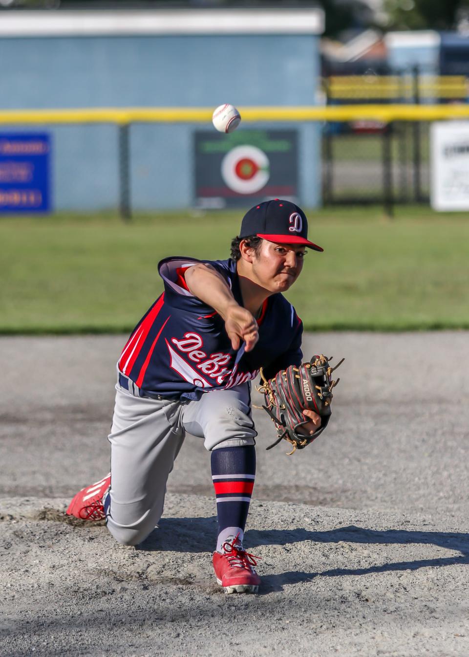 Landen Evangelho delivers toward home for DeBross Oil in recent action at Whaling City Youth Baseball.