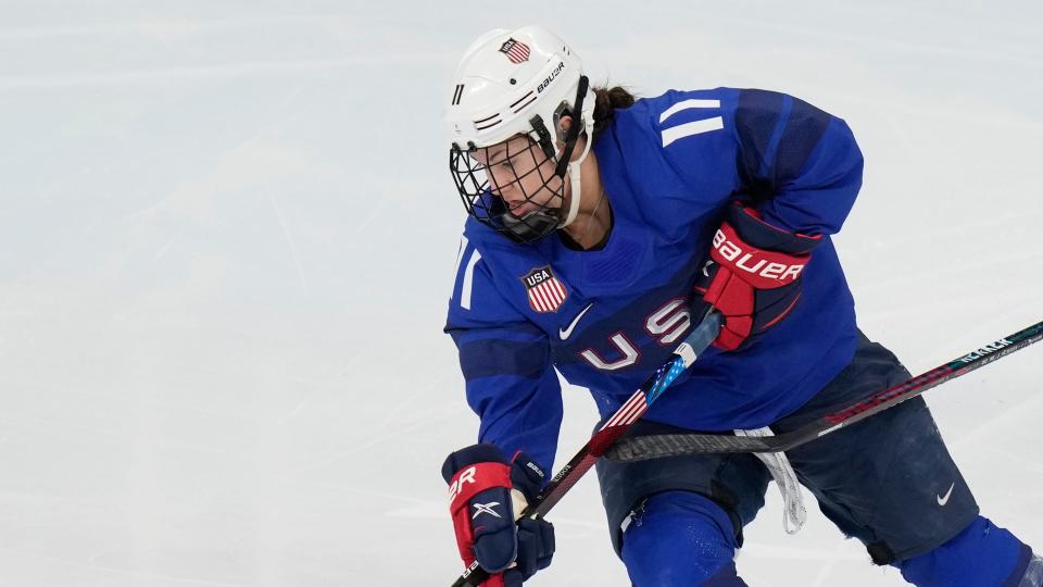 The United States' Abby Roque (11) is pictured during a preliminary round women's hockey game at the 2022 Winter Olympics in Beijing. (AP Photo/Petr David Josek)