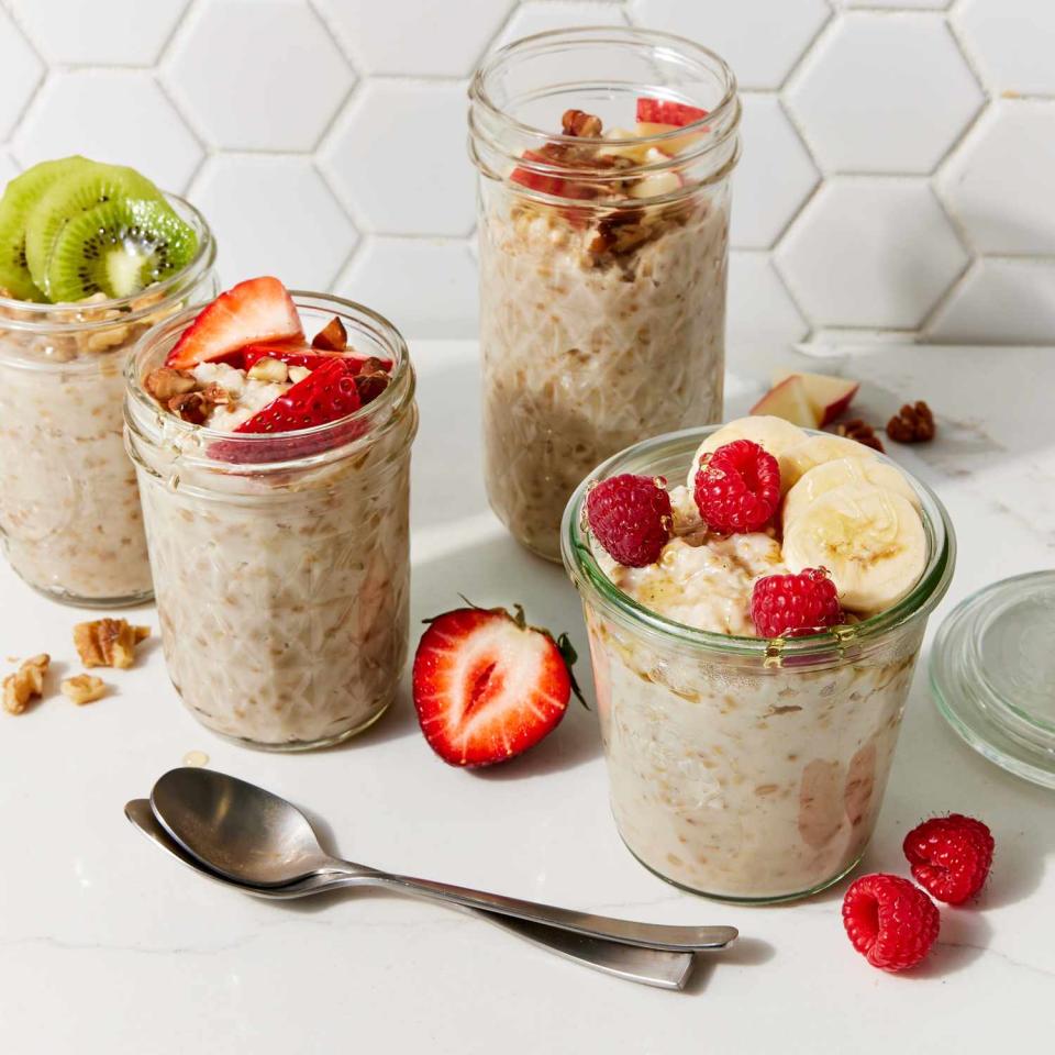 <p>These overnight steel-cut oats are the ultimate make-ahead breakfast. Make a batch for the whole family, or store the extra servings in the fridge to eat throughout the week. We love these creamy steel-cut oats topped with honey, bananas and raspberries, but any sweetener, chopped fruit or nut topping will work well. <a href="https://www.eatingwell.com/recipe/8033968/overnight-steel-cut-oats/" rel="nofollow noopener" target="_blank" data-ylk="slk:View Recipe;elm:context_link;itc:0;sec:content-canvas" class="link ">View Recipe</a></p>