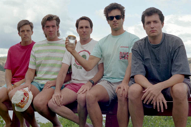 1992: And, every five years, there are subtle changes. Their hair and clothes reflect a change in fashion trends and, perhaps, a change in age. They’re all in T-shirts now. “It was cold and cloudy. From that point on, we didn’t have tans like we did early on,” Dickson told the Santa Barbara News-Press. “And,” Wardlaw added, “we were flabby.” (Courtesy of John Wardlaw)