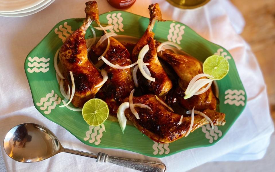 Sticky orange and maple chicken legs with quick pickled onion