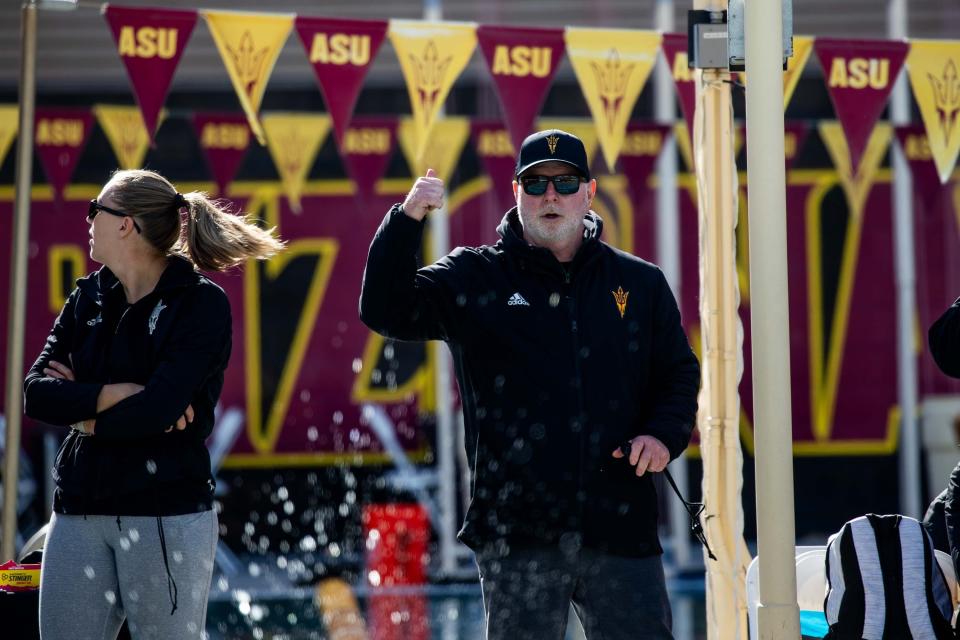 Swimming coach Bob Bowman cheers on his Arizona State team against the Grand Canyon Lopes at Mona Plummer Aquatic Complex in Tempe, Ariz., in January. Bowman will replace the recently retired Eddie Reese as the Texas men's swimming and diving coach, university officials announced Monday.