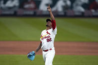 St. Louis Cardinals relief pitcher Genesis Cabrera celebrates after striking out Colorado Rockies' Charlie Blackmon to end a baseball game Friday, May 7, 2021, in St. Louis. (AP Photo/Jeff Roberson)