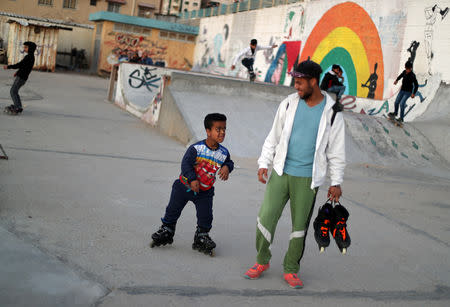 Members of Gaza Skating Team are seen during the rollerblading and skating training session, at the seaport of Gaza City March 8, 2019. REUTERS/Mohammed Salem