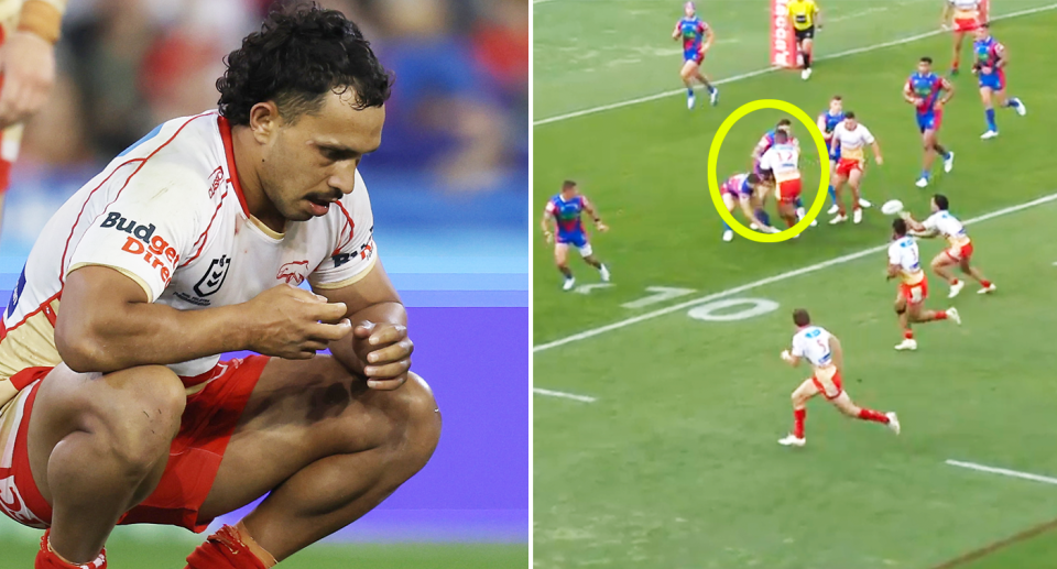 Trai Fuller was denied a first half try against the Knights after a controversial obstruction call from the Bunker against the Dolphins. Pic: Getty/Nine