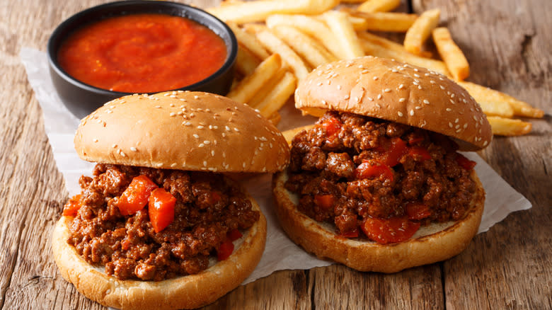 Two sloppy joes with fries