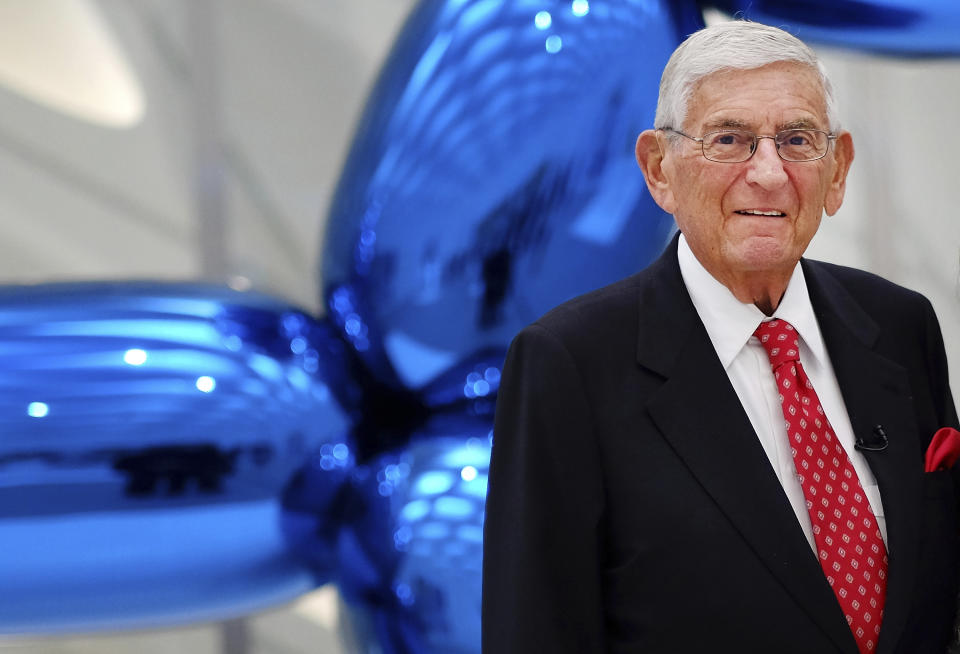 FILE - In this Sept. 16, 2015 file photo Eli Broad poses for a photo at his museum, "The Broad" in downtown Los Angeles. Eli Broad, the billionaire philanthropist, contemporary art collector and entrepreneur who co-founded homebuilding pioneer Kaufman and Broad Inc. and launched financial services giant SunAmerica Inc., died Friday, April 30, 2021 in Los Angeles. He was 87. (AP Photo/Richard Vogel, File)