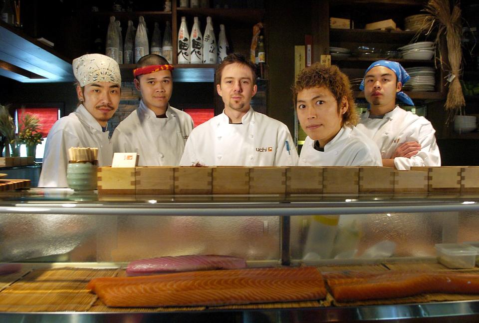 Masazumi Saio, far left, was one of the opening chefs for Tyson Cole, center, at Uchi, along with, from left, Vu Le, Yoshi Okai and Paul Qui, seen in 2005.