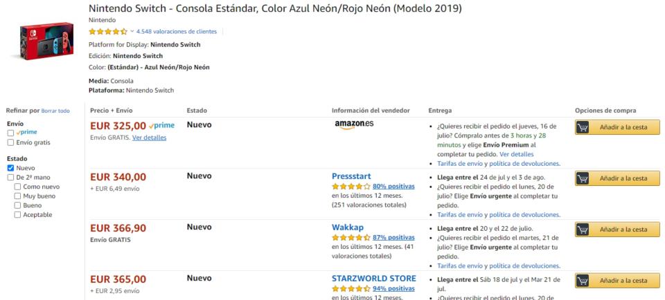 Cuando un artículo solo lo venda un tercero, mira bajo la descripción, y pulsa en Nuevos: X tiendas desde... y obtendrás el listado de tiendas. Busca Amazon para ver si su precio es más bajo y, aunque no lo tenga en stock, te avisará cuando lo reciba y quizás te merezca la pena esperar unos días para ahorrarte un dinero. (Foto: <a href="http://www.amazon.es/gp/offer-listing/B07WKNQ8JT/ref=dp_olp_new?ie=UTF8&condition=new" rel="nofollow noopener" target="_blank" data-ylk="slk:Amazon;elm:context_link;itc:0;sec:content-canvas" class="link ">Amazon</a>).