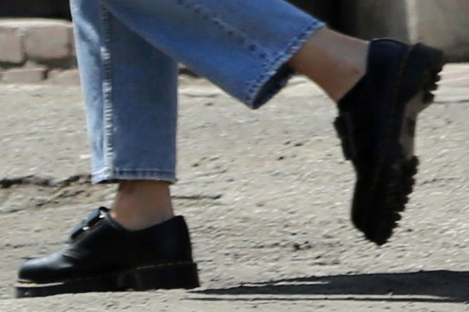 A close-up look at Kendall Jenner’s Dr. Martens loafers. - Credit: Mega