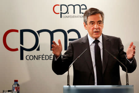 Francois Fillon, former French prime minister, member of the Republicans political party and 2017 presidential election candidate of the French centre-right delivers a speech in front of small business leaders in Puteaux, France, March 6, 2017. REUTERS/Charles Platiau