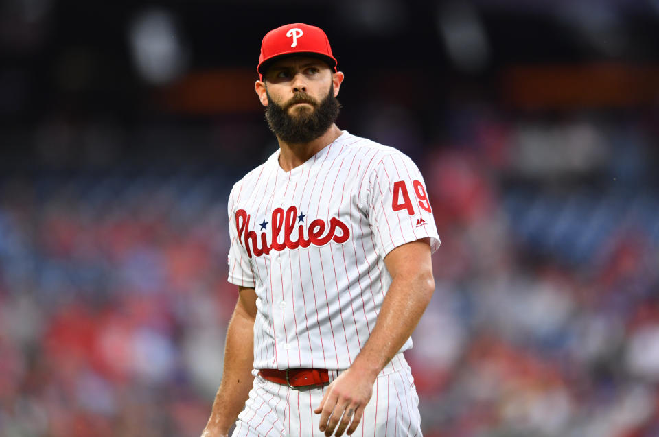 PHILADELPHIA, PA - JULY 26: Philadelphia Phillies Starting Pitcher Jake Arrieta (49) walks to the dugout in the third inning during the game between the Atlanta Braves and Philadelphia Phillies on July 26, 2019 at Citizens Bank Park in Philadelphia, PA. (Photo by Kyle Ross/Icon Sportswire via Getty Images)