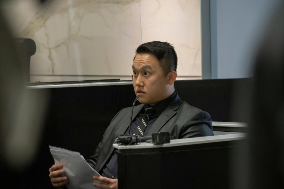 Detroit Police Sgt. Daron Zhou testifies during Michael Jackson-Bolanos' preliminary hearing in front of Judge Kenneth King on Jan. 16, 2024 at 36th District Court in Detroit.