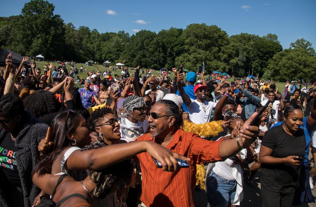A Juneteenth celebration in Prospect Park in New York City in 2022. <a href="https://www.gettyimages.com/detail/news-photo/people-take-part-in-a-celebration-of-juneteenth-in-prospect-news-photo/1241425742?adppopup=true" rel="nofollow noopener" target="_blank" data-ylk="slk:Michael Nagle/Xinhua News Agency via Getty Images;elm:context_link;itc:0;sec:content-canvas" class="link ">Michael Nagle/Xinhua News Agency via Getty Images</a>