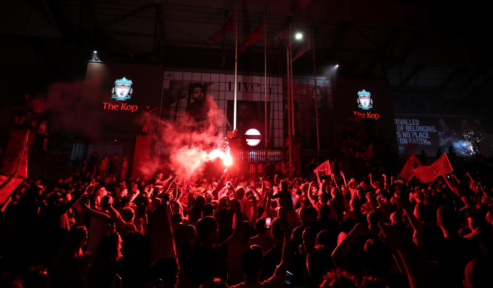 Thousands of Liverpool fans flocked to Anfield to celebrate the club's Premier League title. (PA)