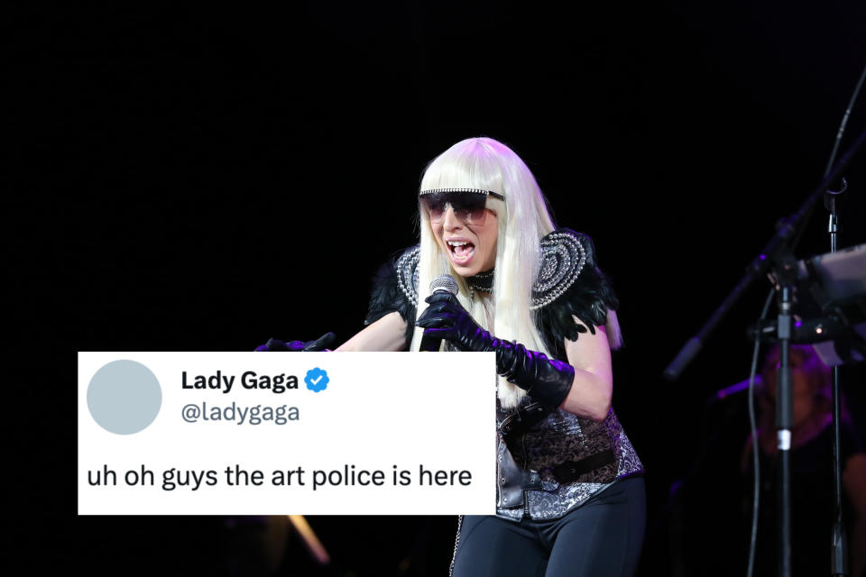 Lady Gaga dressed in black with sunglasses performing on stage, with a screenshot of her tweet 'uh oh guys the art police is here'