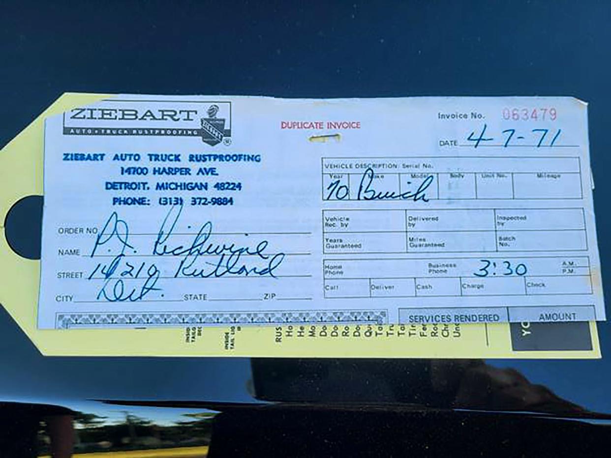 Original Ziebart receipt from Detroit location found in classic car enthusiast Jay Brenner's Buick Rivieria.