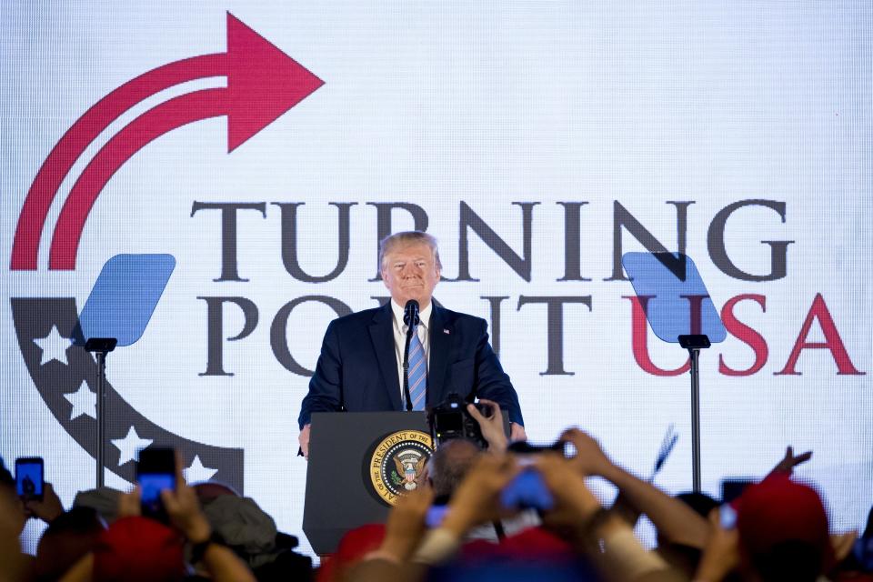 President Donald Trump takes the stage at Turning Point USA Teen Student Action Summit at the Marriott Marquis in Washington, Tuesday, July 23, 2019. (AP Photo/Andrew Harnik)