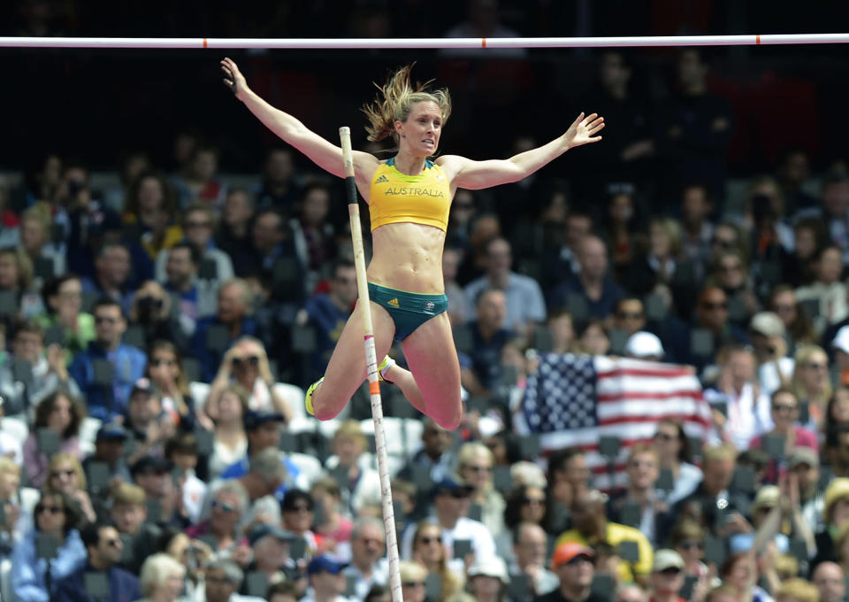 Australian athlete Alana Boyd clears the bar during the Women's Pole Vault qualification round at the Olympic Games in London, Saturday, July 4, 3012. (AAP Image/Dave Hunt) NO ARCHIVING