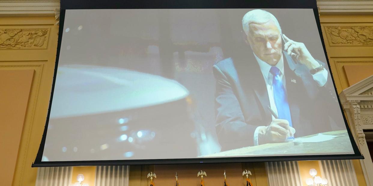 A committee exhibit shows former Vice President Mike Pence talking on the phone from his secure location during the riot, as the House select committee investigating the Jan. 6, 2021, attack on the Capitol holds a hearing at the Capitol in Washington, Thursday, June 16, 2022.