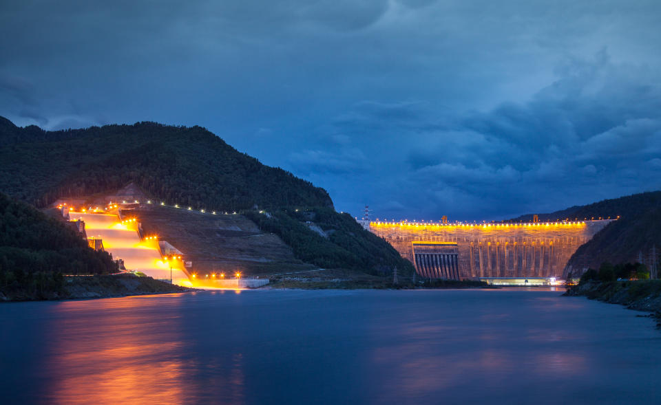 Sayano Shushenskaya hydropower station at dusk