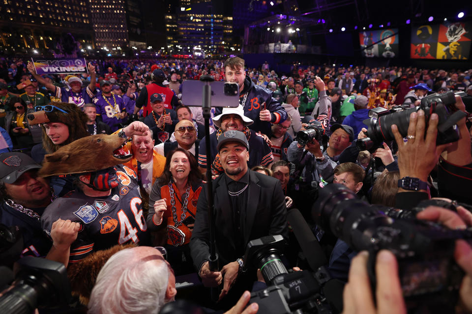 DETROIT, MICHIGAN - APRIL 25: Rome Odunze celebrates with fans after being selected ninth overall by the Chicago Bears during the first round of the 2024 NFL Draft at Campus Martius Park and Hart Plaza on April 25, 2024 in Detroit, Michigan. (Photo by Gregory Shamus/Getty Images)