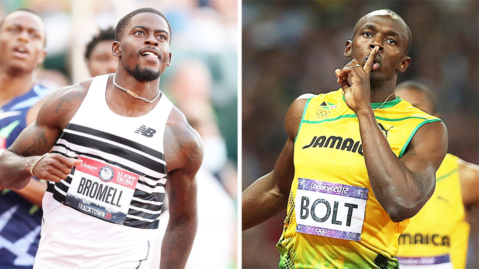 Usain Bolt (pictured right) has picked Trayvon Bromell (pictured left) as his tip for the 100m at the Tokyo Olympic Games. (Getty Images)