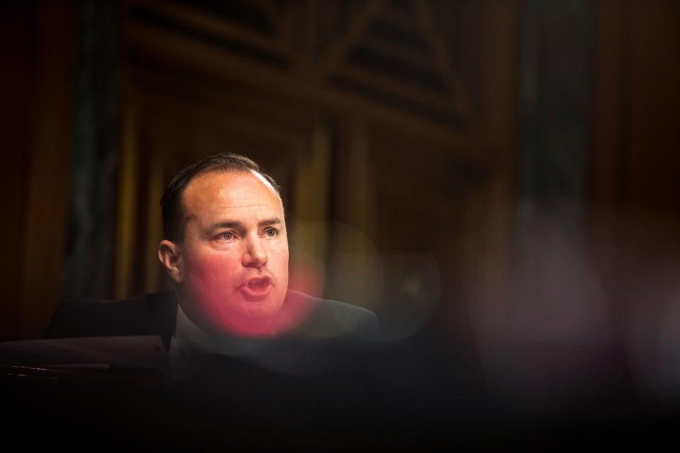 U.S. Sen. Mike Lee, R-Utah speaks during a Senate Judiciary Committee hearing on the FBI investigation into links between Donald Trump associates and Russian officials during the 2016 U.S. presidential election, on Capitol Hill in Washington, U.S., November 10, 2020. Jason Andrew/Pool via REUTERS