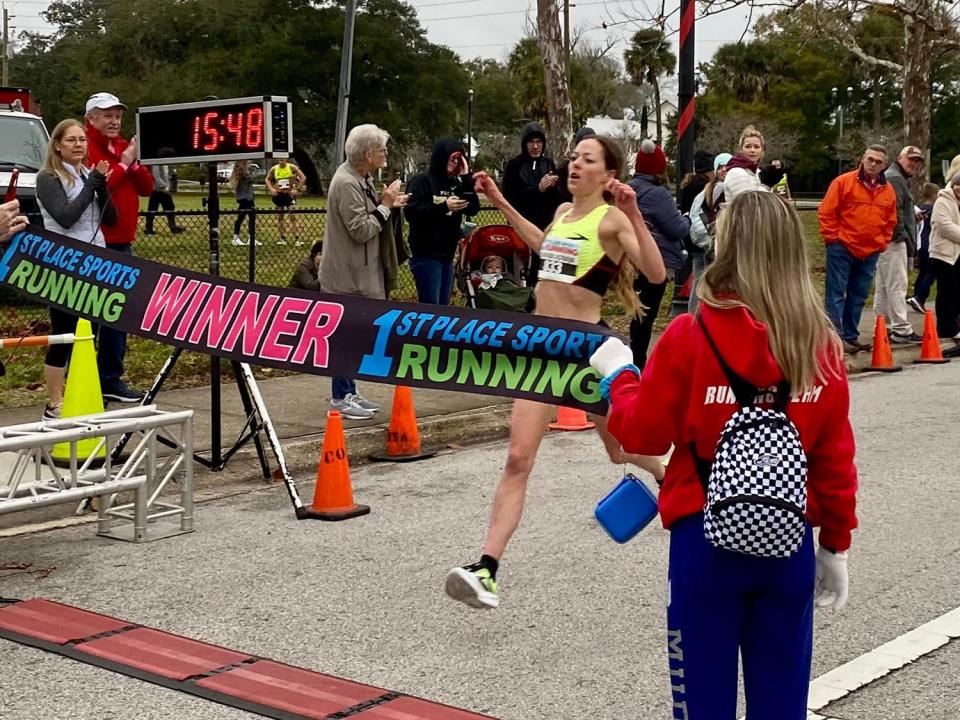 Natosha Rogers was the first female to finish the annual Matanzas 5K on Jan. 22 in downtown St. Augustine.