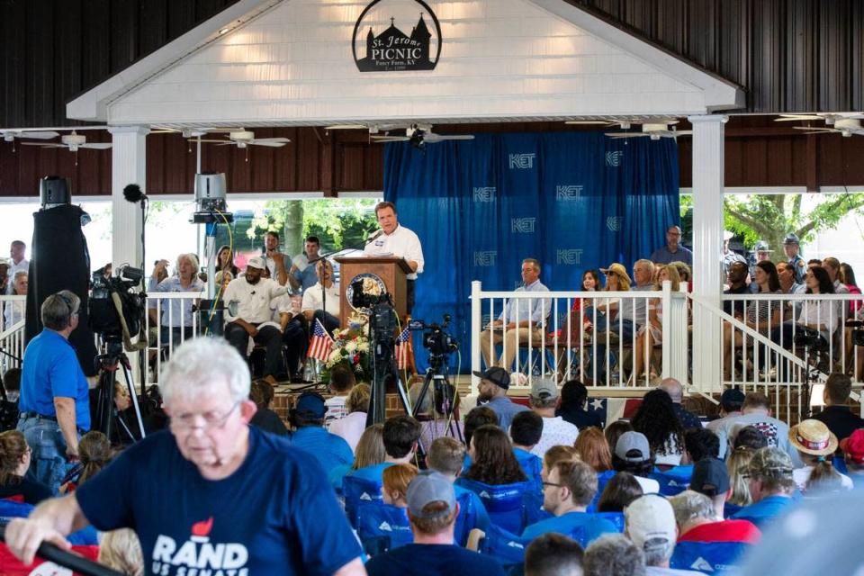 State Auditor and candidate for Governor Mike Harmon speaks during the 142nd annual St. Jeromes Fancy Farm Picnic in Fancy Farm, Ky., Saturday, August 6, 2022.