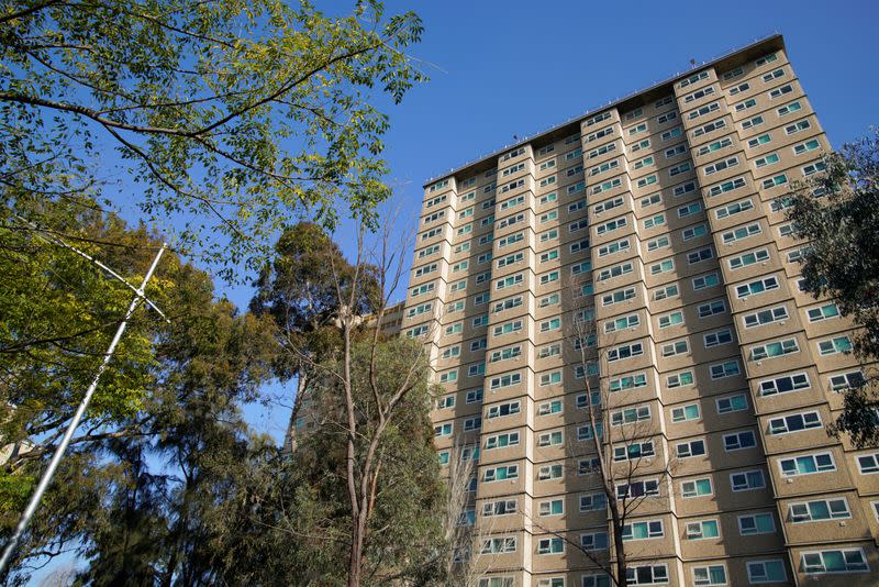 A public housing tower, locked down in response to a COVID-19 outbreak, is seen in Melbourne