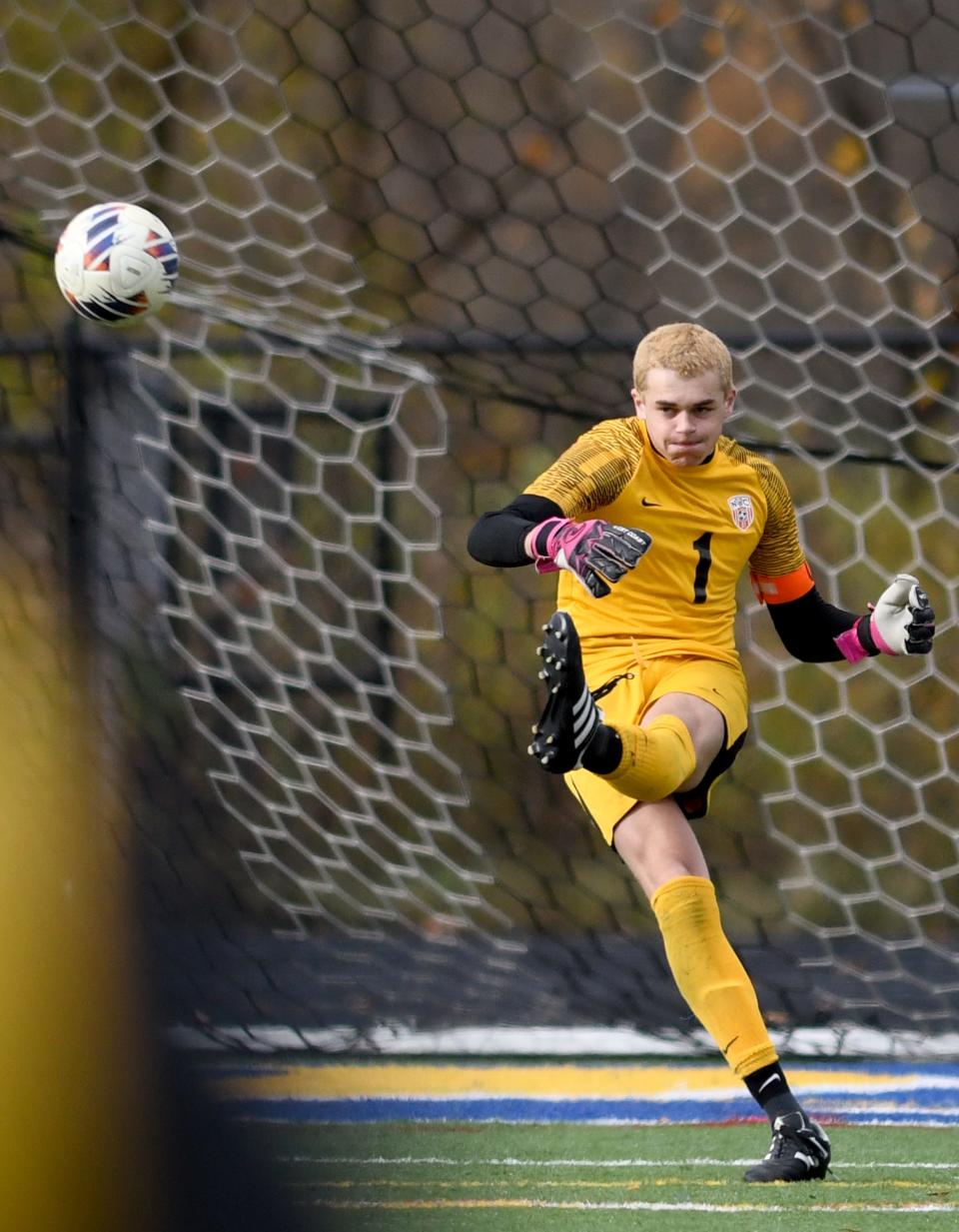 Hoover goalkeeper Rowan Ellis puts the ball back in play in the second half against Stow in OHSAA Division I boys soccer district final at Notre Dame-Cathedral Latin High School in Chardon. Saturday, Oct. 28, 2023.