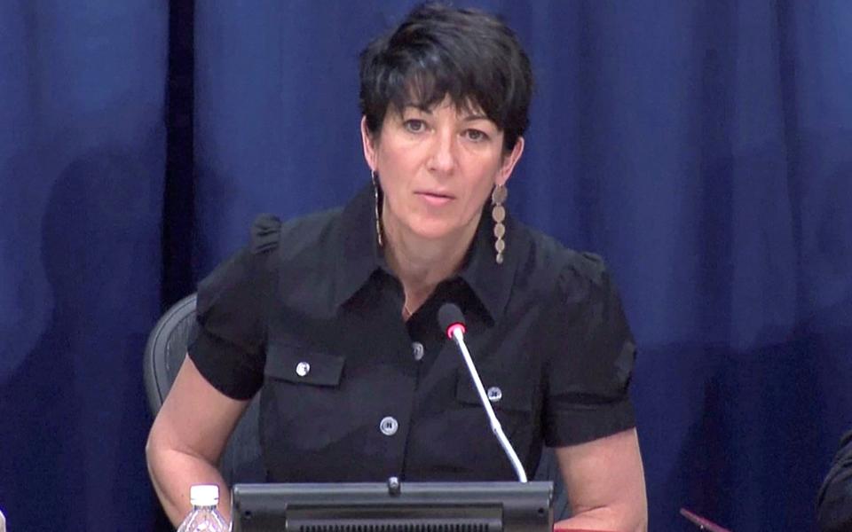 Ghislaine Maxwell speaks at a news conference at the United Nations in New York - Reuters TV