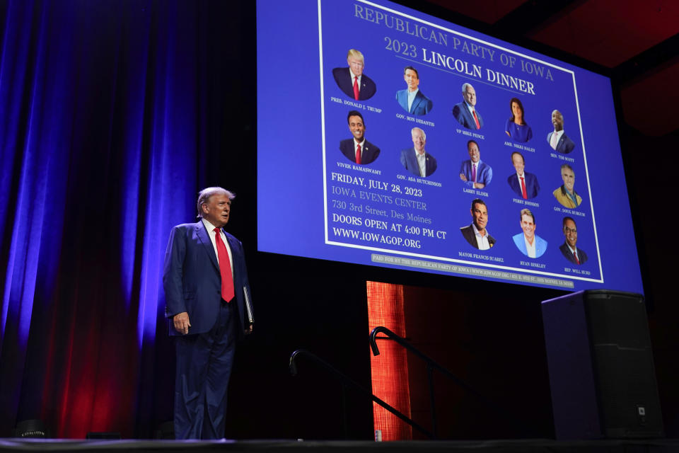 FILE - Republican presidential candidate former President Donald Trump arrives to speak at the Republican Party of Iowa's 2023 Lincoln Dinner in Des Moines, Iowa, Friday, July 28, 2023. (AP Photo/Charlie Neibergall, File)