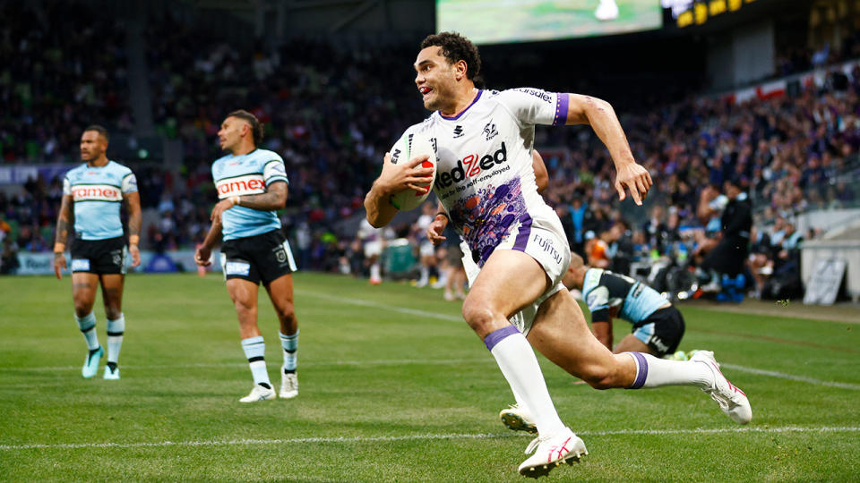 Seen here, Melbourne Storm winger Xavier Coates playing against Cronulla in the NRL.