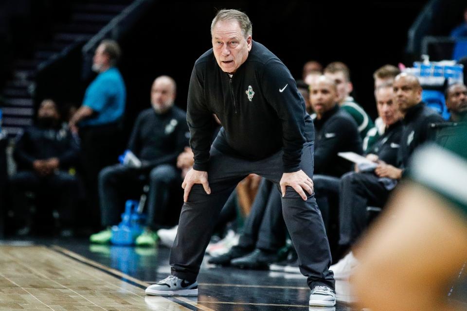 Michigan State coach Tom Izzo watches a game against Mississippi State during the first half of the first round of the NCAA Tournament West Region at the Spectrum Center in Charlotte, NC on Thursday, March 21 2024.