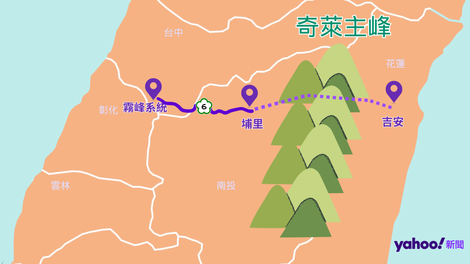 國道六號東延示意圖，虛線為預計東延路段。